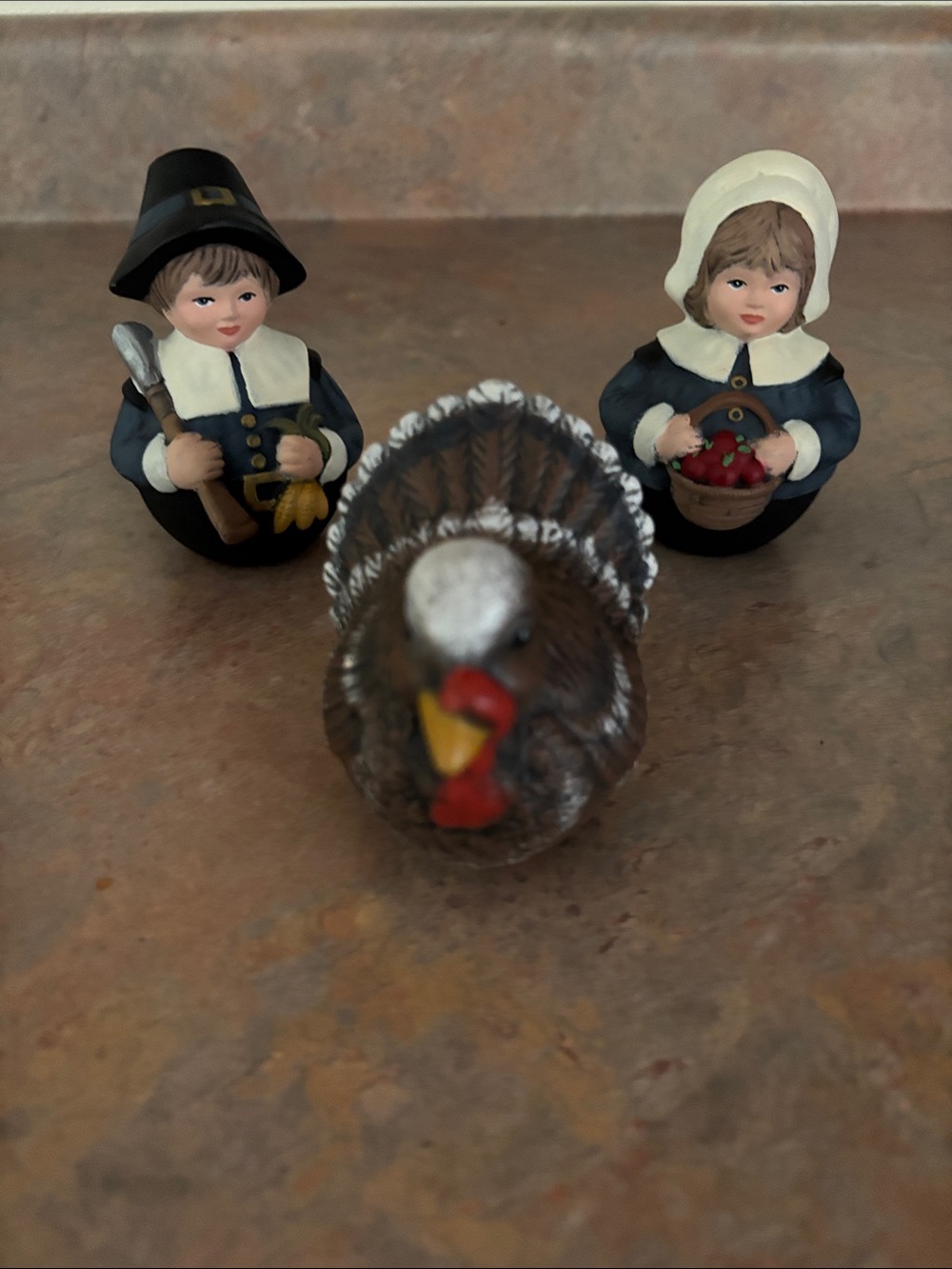 Hand-Painted Turkey & Pilgrim Boy & Girl Figurine Set - Navy, Cream, Black